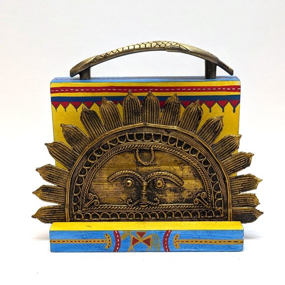 Lane Ocean Blue Handpainted Rising Sun Napkin Holder With Dhokra Art Bright Fun - Picture 1 of 4